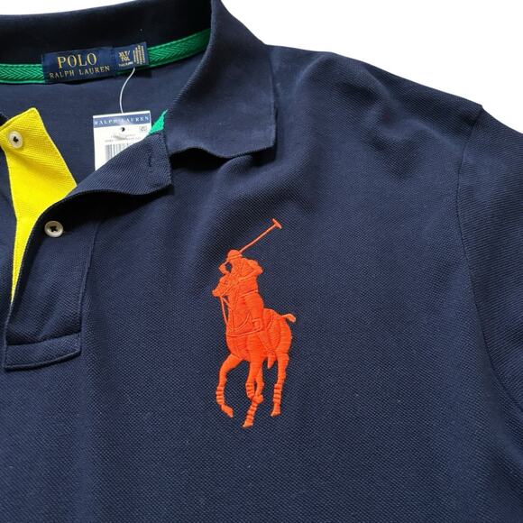 Polo Ralph Lauren Big Pony Polo Shirt XLT Navy Orange Yellow Placket Green 3 NEW - Picture 2 of 7